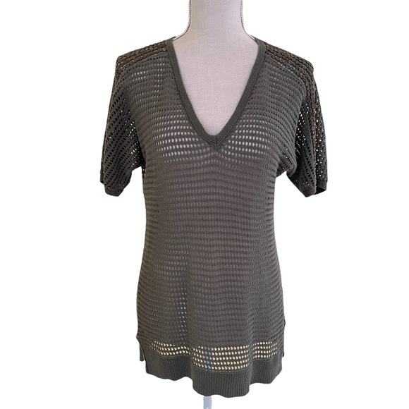 Chico's Tops - Chico's Olive Green Open Knit V-Neck Top with Metal Shoulder Detail
